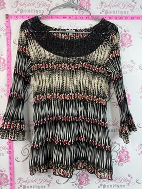 NICOLA shirt top Black Cream and Red Printed Crochet-Yoke Womens Top